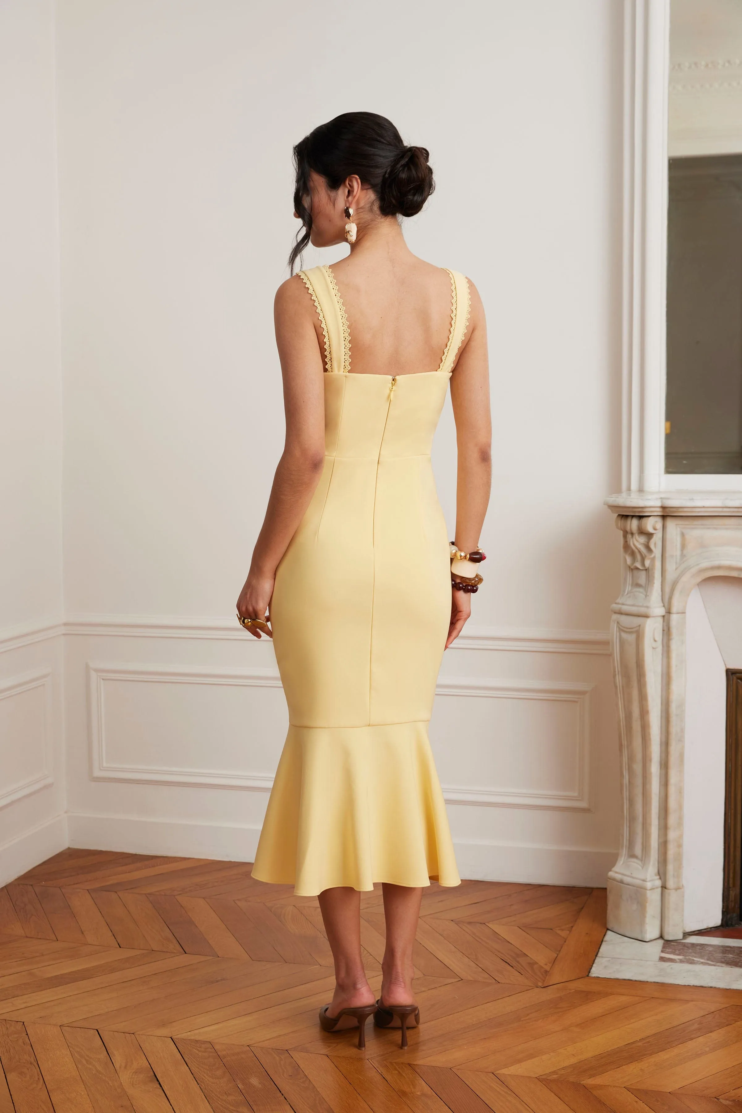PEYTON Lace Trim Fishtail Midi Dress In Yellow sold by Lavish Alice product image thumbnail 4