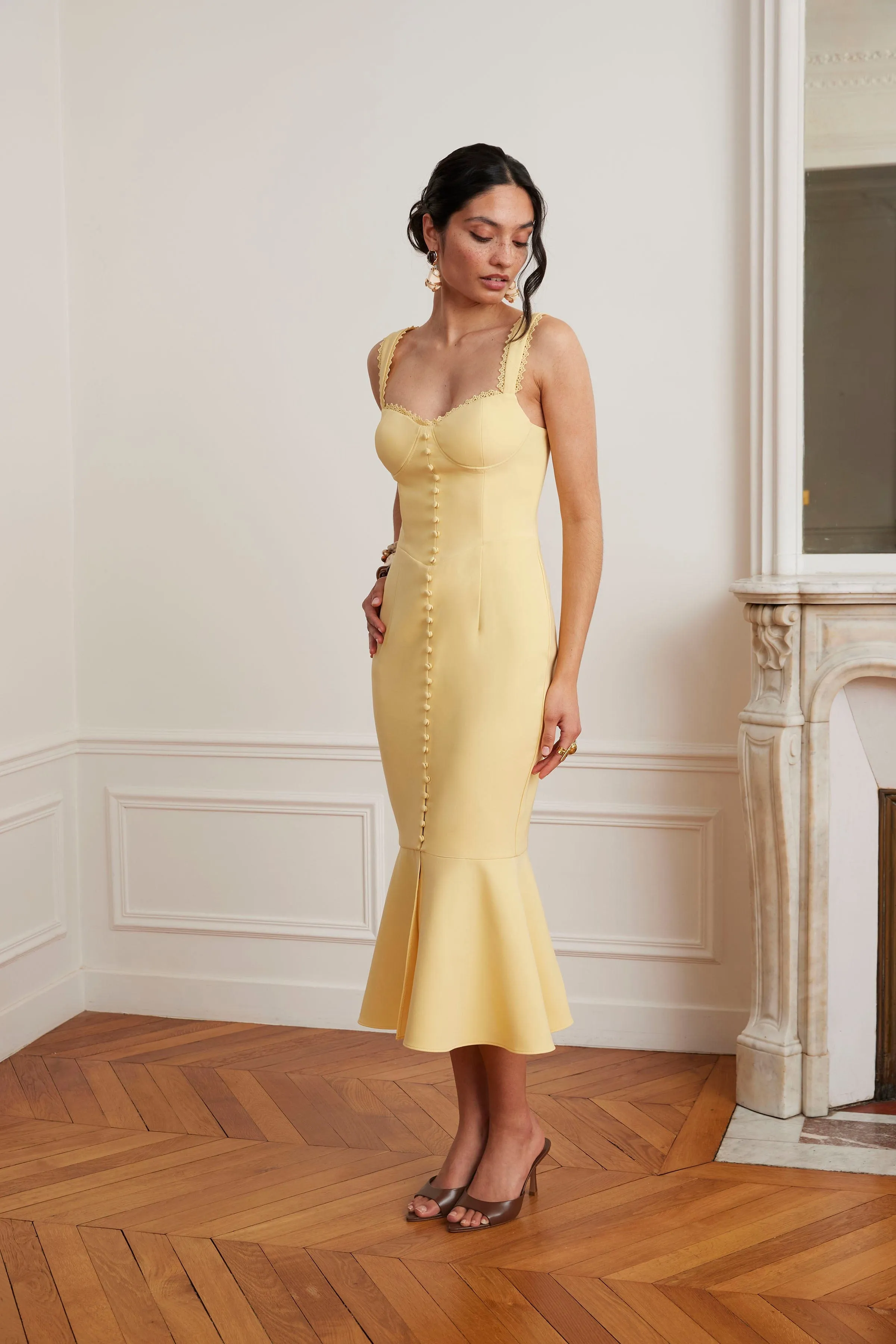 PEYTON Lace Trim Fishtail Midi Dress In Yellow sold by Lavish Alice product image thumbnail 3