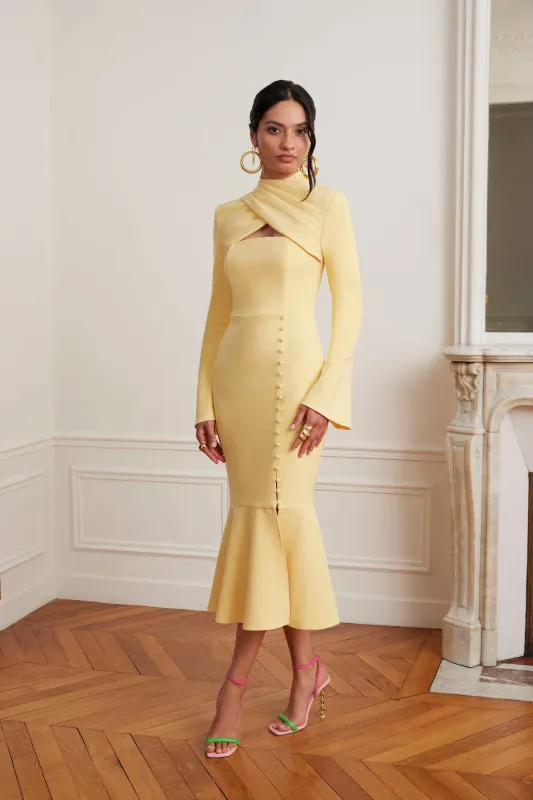 KIMORA Cross Over High Neck Fluted Midi Dress In Yellow sold by Lavish Alice