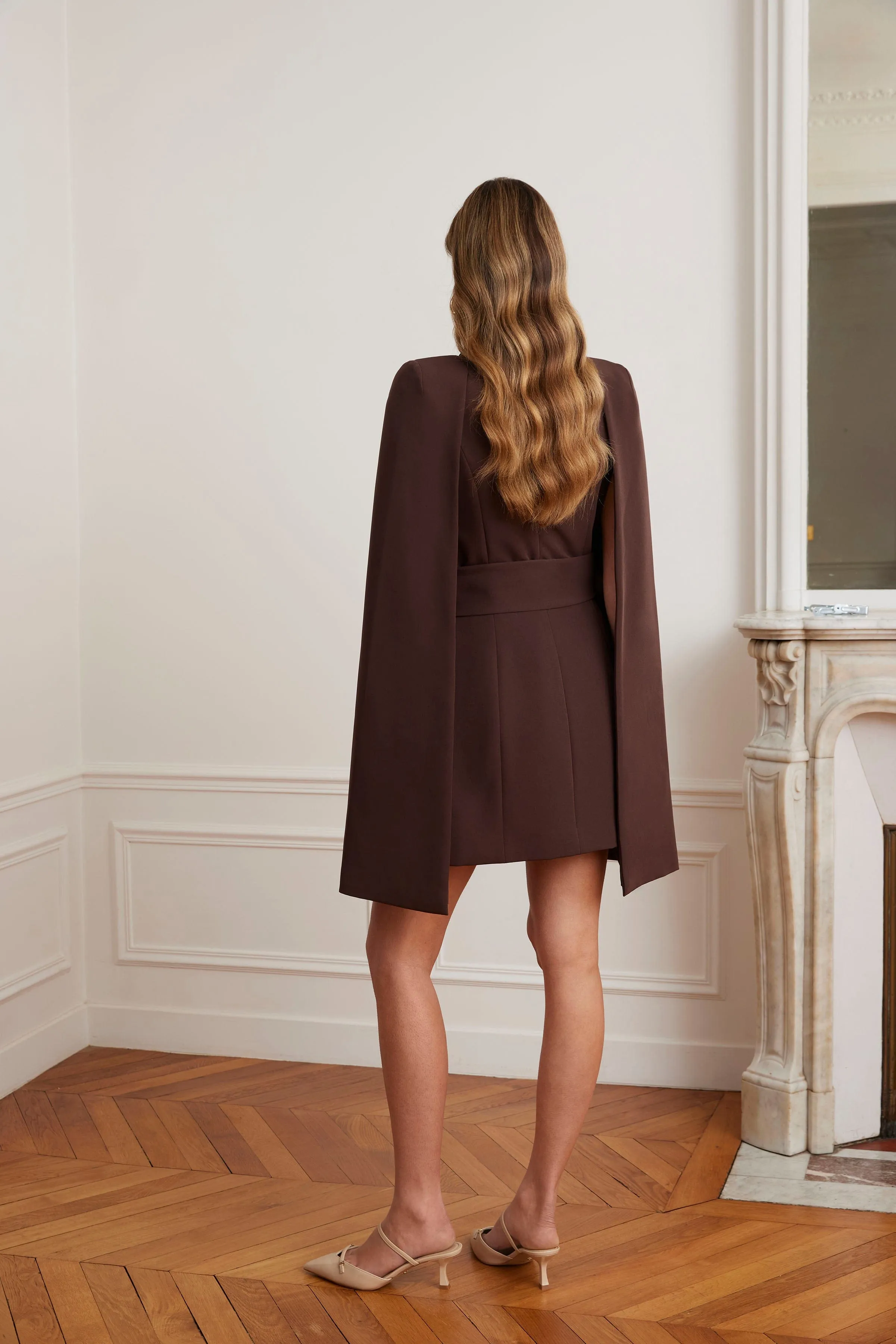 ALEXANDRA Cape Sleeve Self Wrap Mini Dress In Dark Brown sold by Lavish Alice product image thumbnail 3