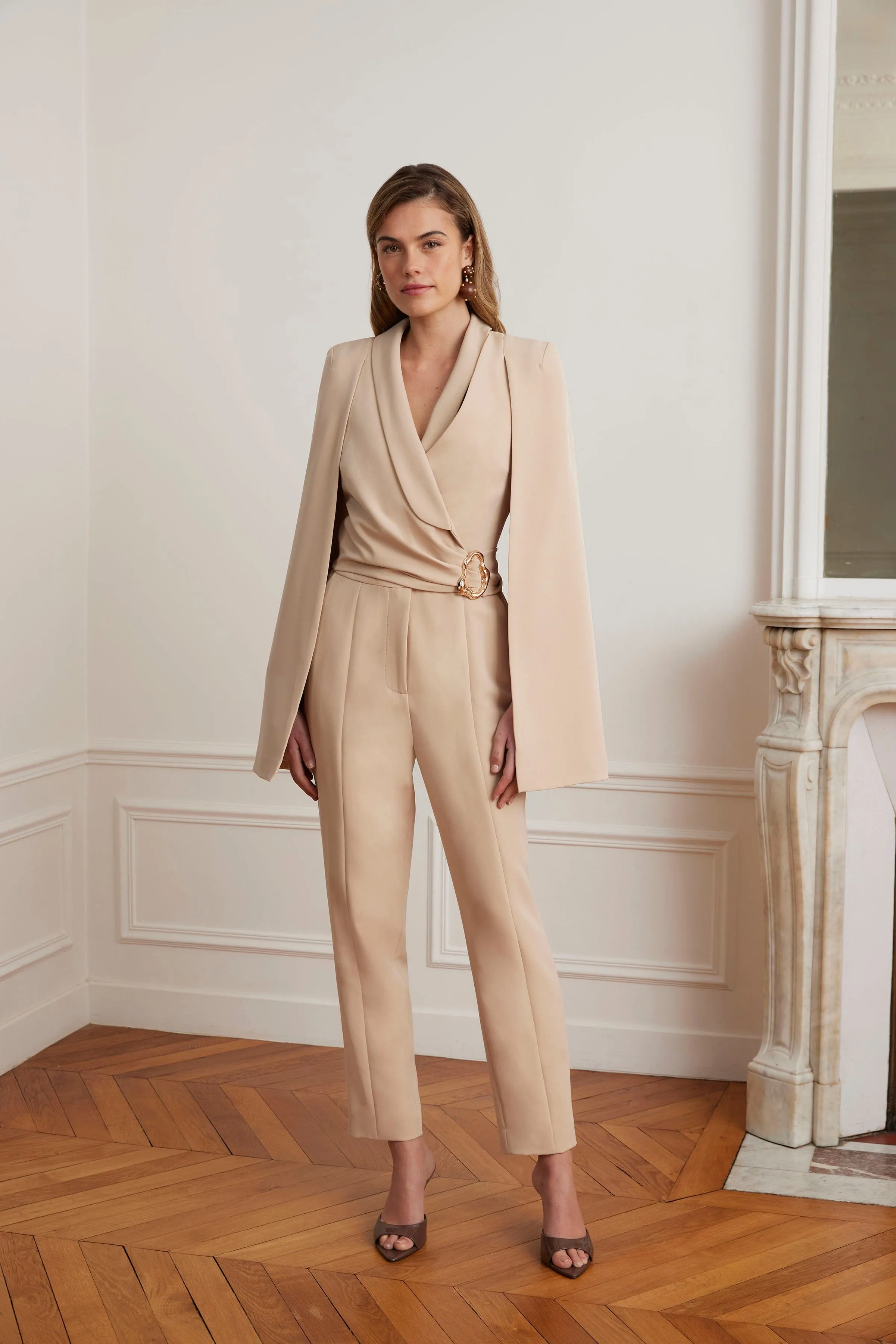 LILIA Cape Sleeve Self Wrap Tailored Jumpsuit In Sand sold by Lavish Alice