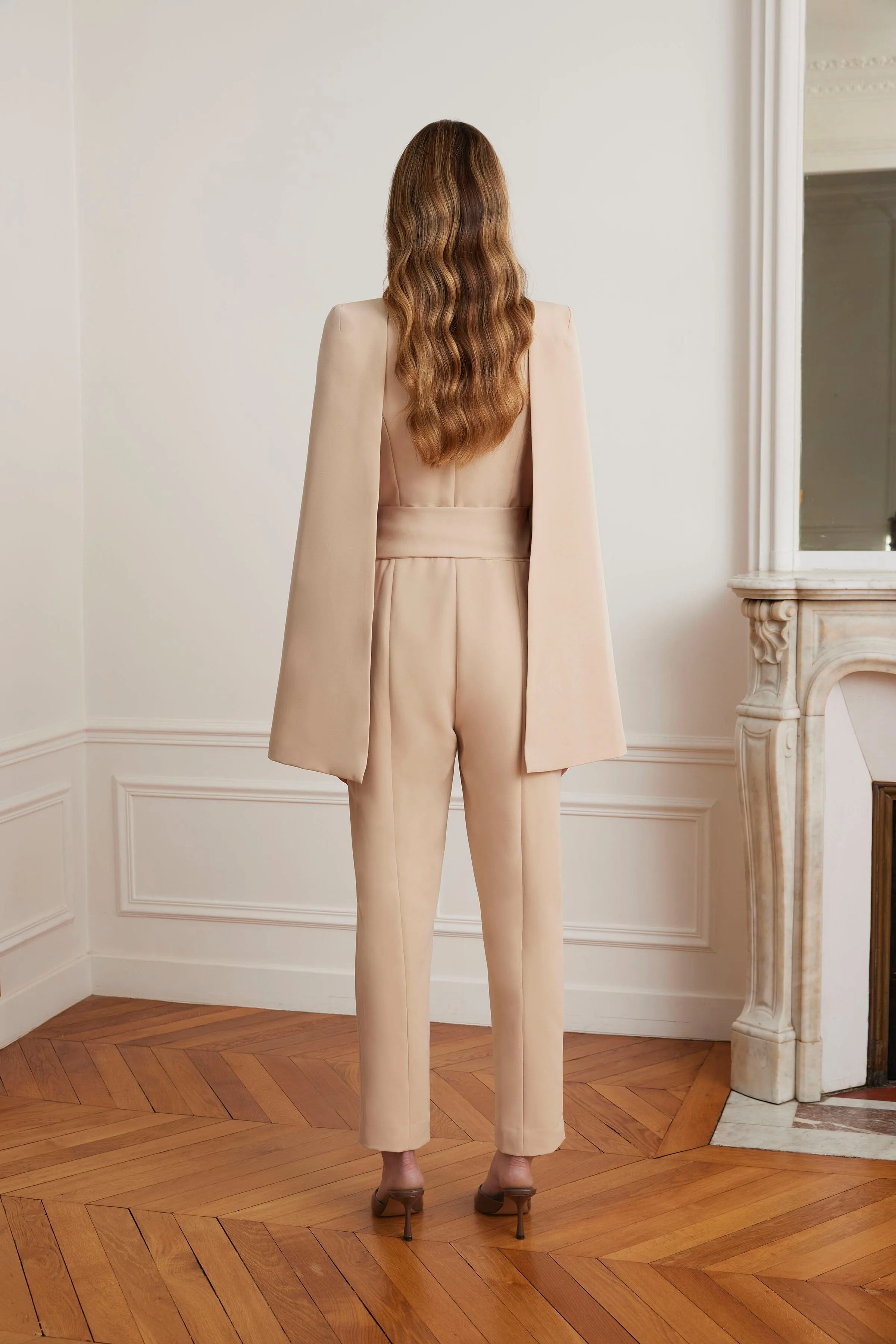 LILIA Cape Sleeve Self Wrap Tailored Jumpsuit In Sand sold by Lavish Alice product image thumbnail 3