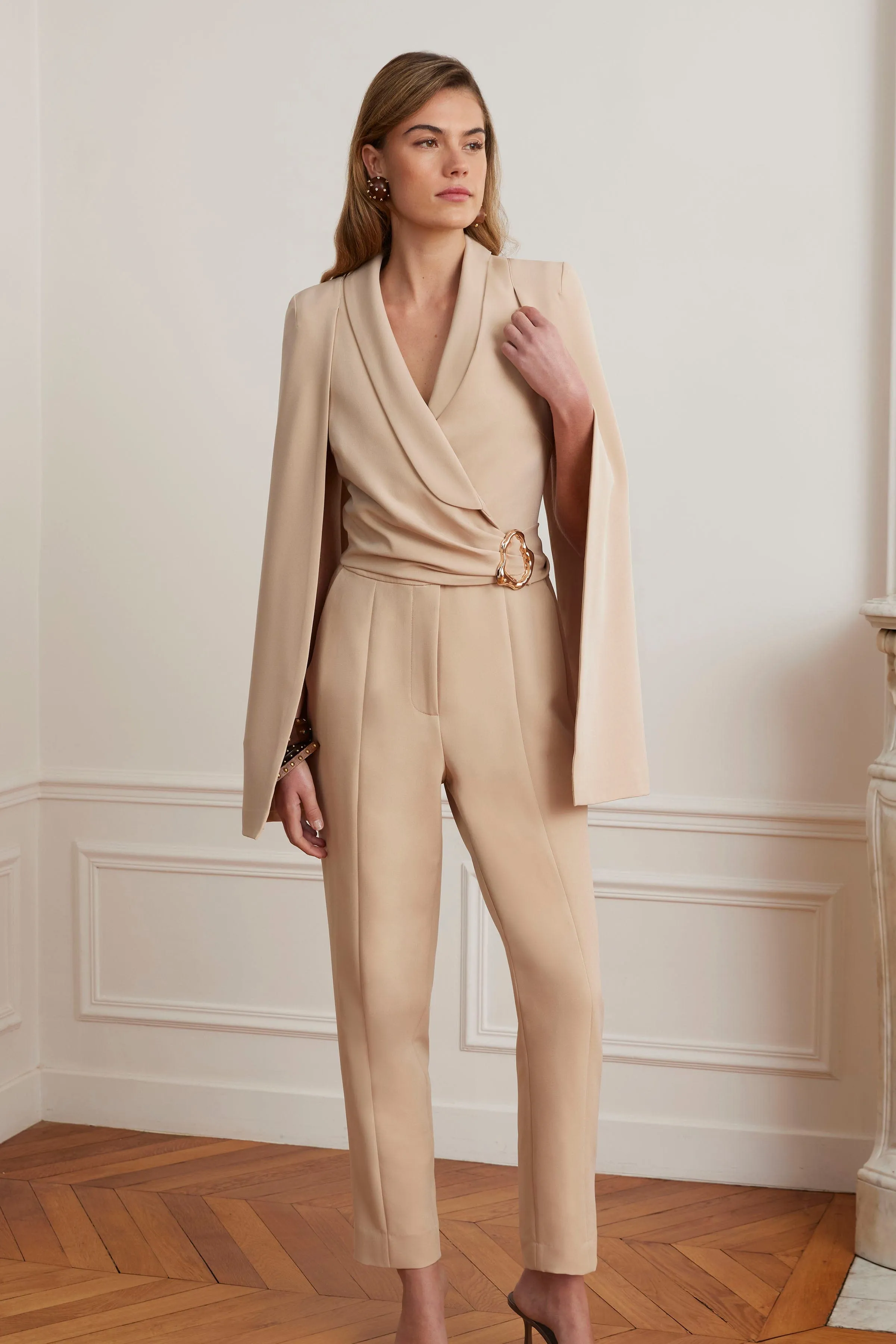 LILIA Cape Sleeve Self Wrap Tailored Jumpsuit In Sand sold by Lavish Alice product image thumbnail 4
