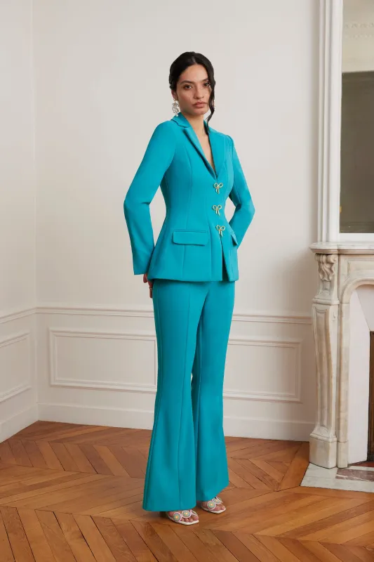 FIORELLA Sculptured Blazer with Gold Bow Hardware in Teal Blue made by Lavish Alice