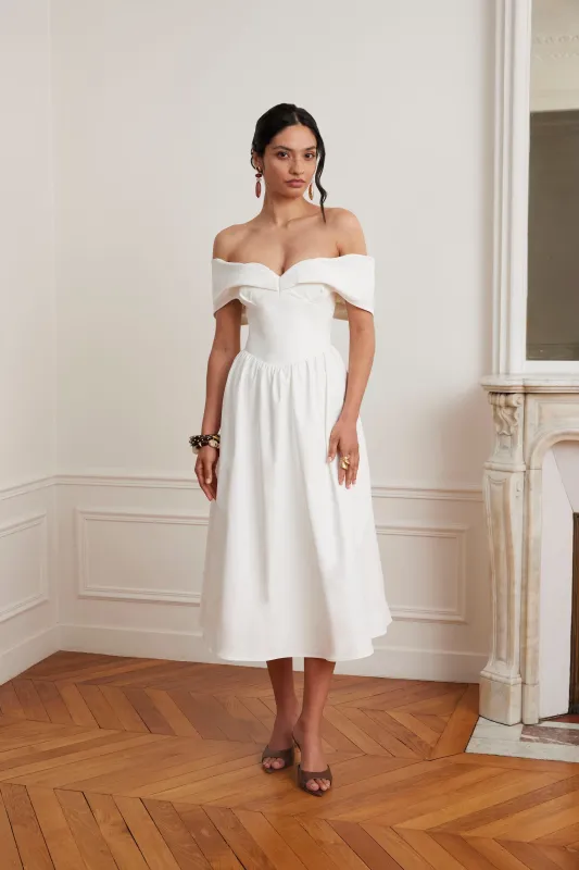 ROSALIND Pleated Off Shoulder Corset Sundress In White made by Lavish Alice