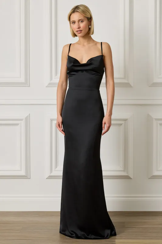 PENNY Satin Cowl Neck Scoop Back Maxi Dress in Black made by Lavish Alice