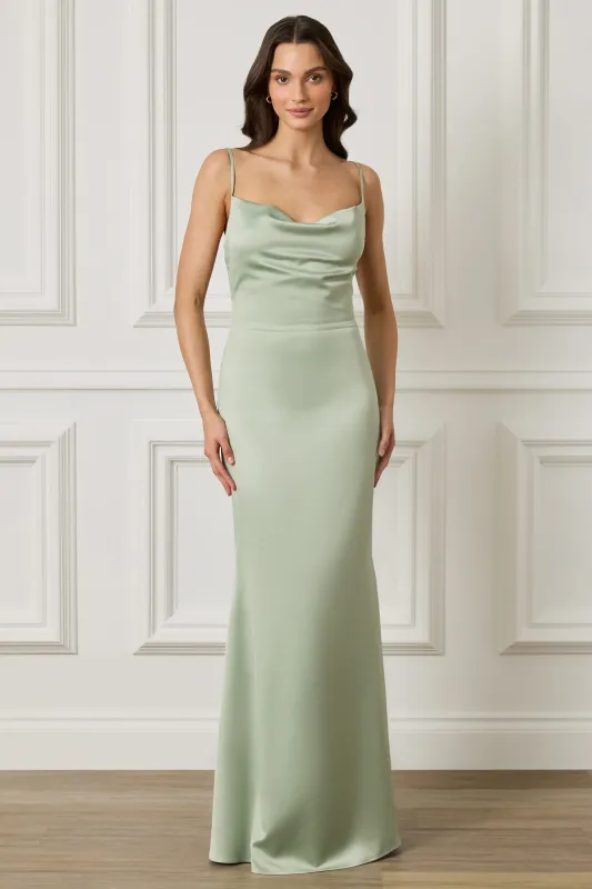 PENNY Satin Cowl Neck Scoop Back Maxi Dress in Sage Green made by Lavish Alice