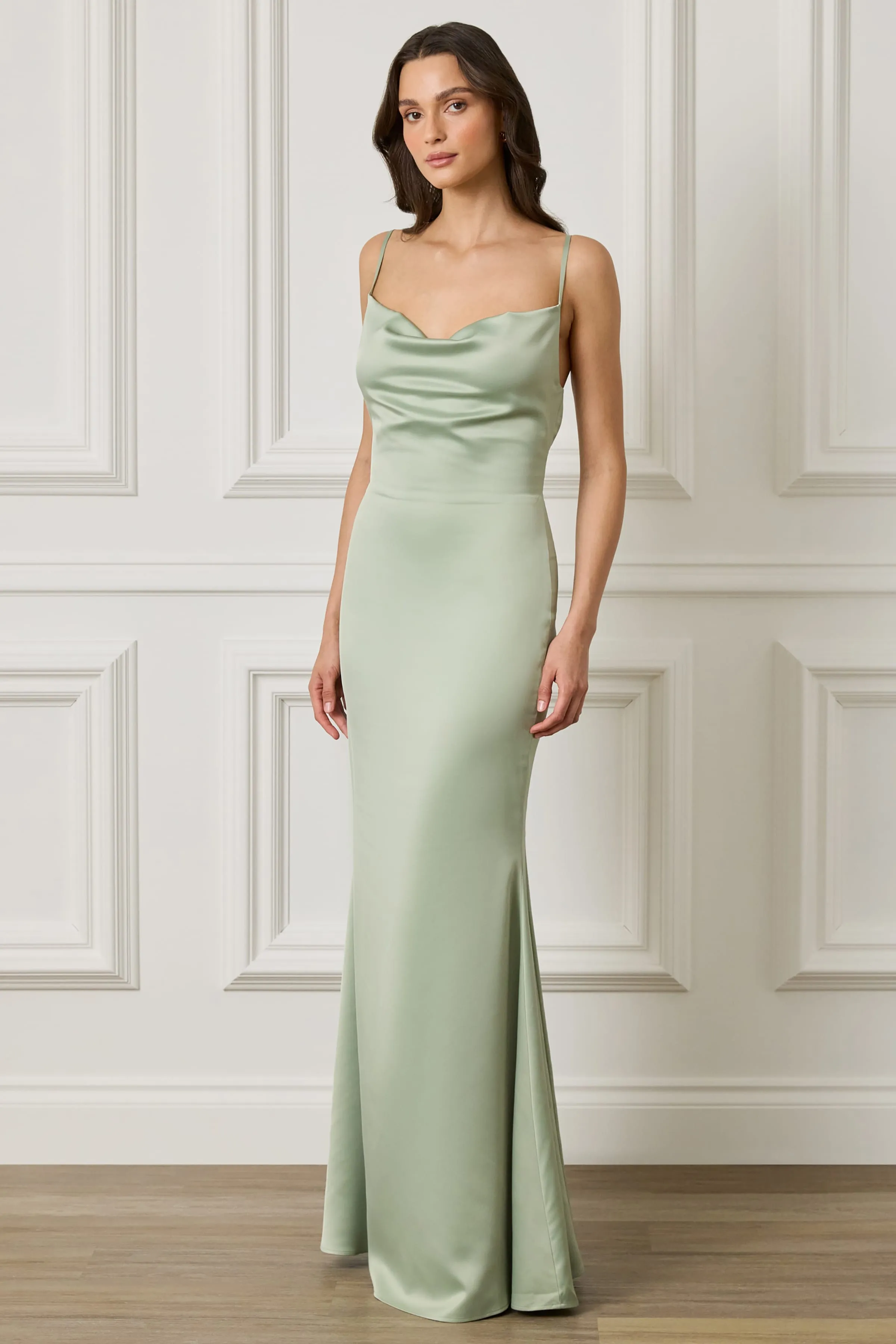 PENNY Satin Cowl Neck Scoop Back Maxi Dress in Sage Green sold by Lavish Alice product image thumbnail 4