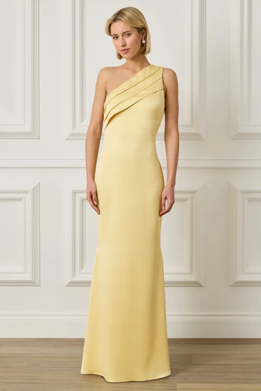 SADIE Asymmetric Pleated Satin Maxi Dress in Yellow made by Lavish Alice
