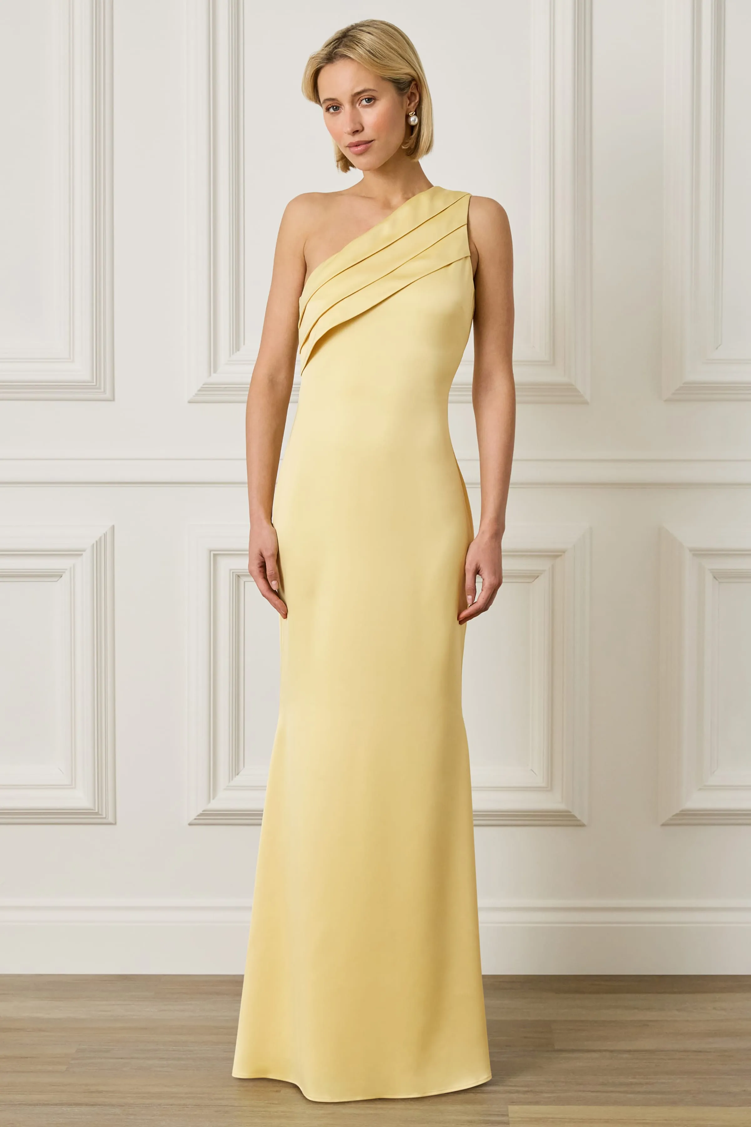 SADIE Asymmetric Pleated Satin Maxi Dress in Yellow sold by Lavish Alice