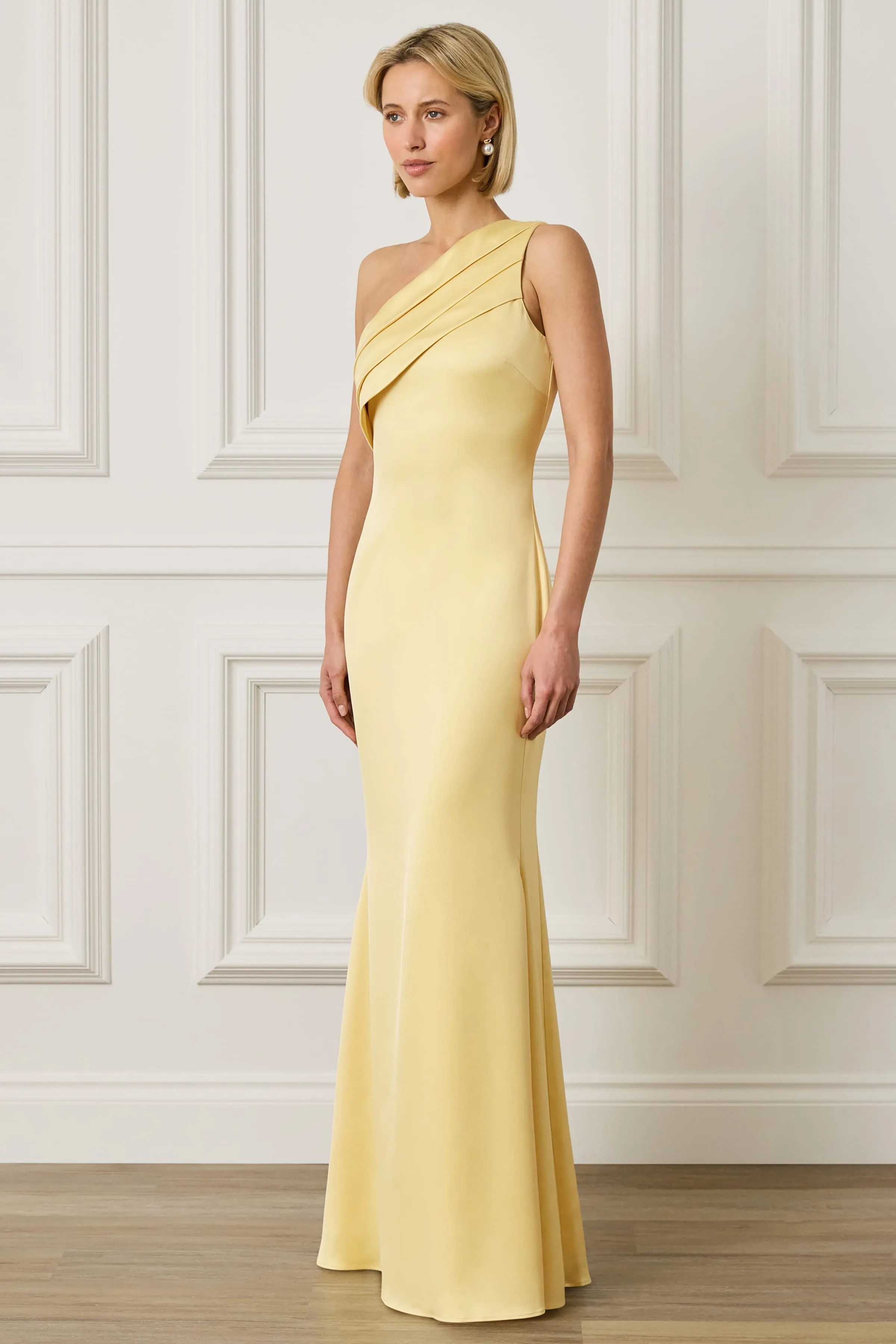 SADIE Asymmetric Pleated Satin Maxi Dress in Yellow sold by Lavish Alice product image thumbnail 4