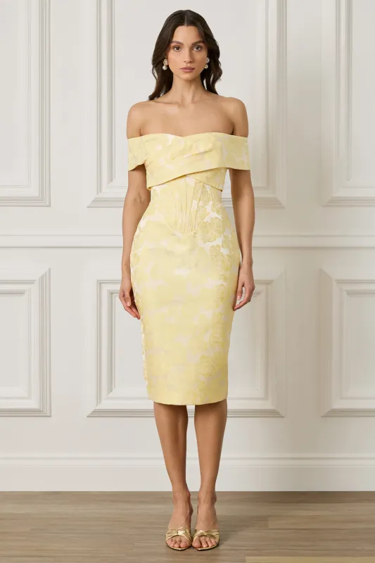 IMOGEN Textured Jacquard Corset Detailed Bardot Midi Dress in Yellow made by Lavish Alice