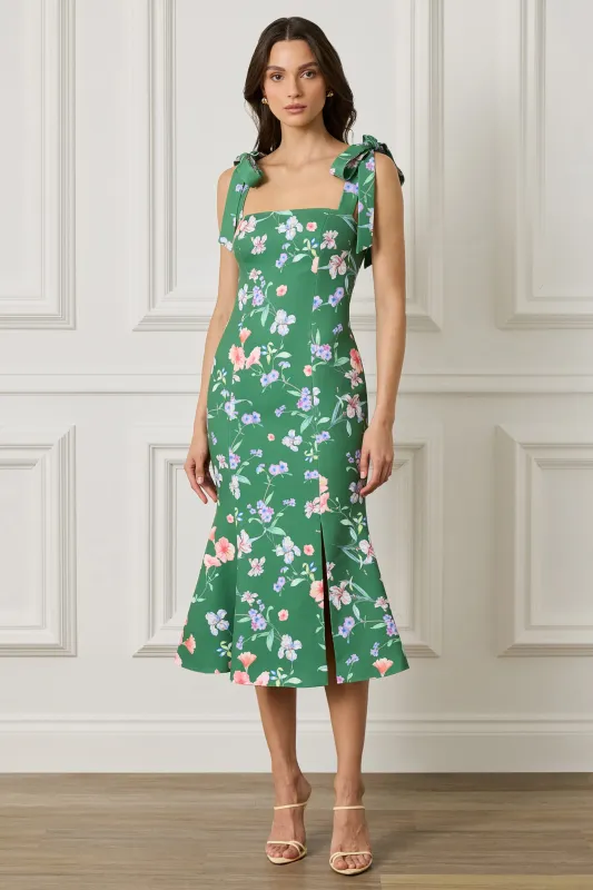 AMABELLA Tie Shoulder Fishtail Midi Dress in Green Floral Print made by Lavish Alice