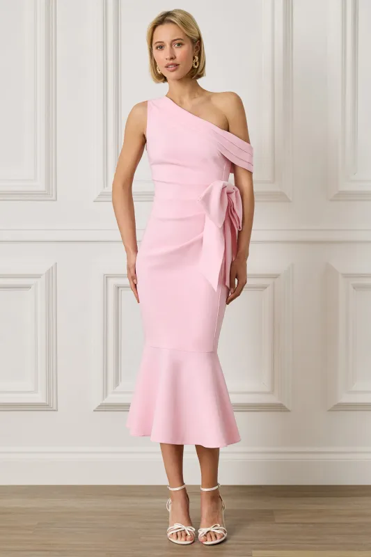 FLEUR One Shoulder Fishtail Midi Dress with Bow Detail in Pink made by Lavish Alice
