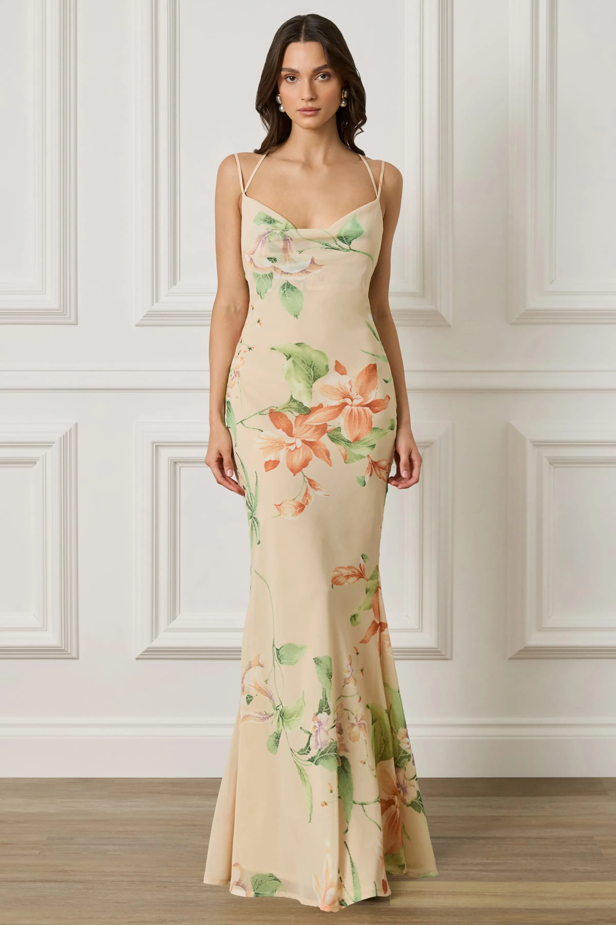 AMALIE Cowl Neck Maxi Dress in Oversized Floral Print sold by Lavish Alice