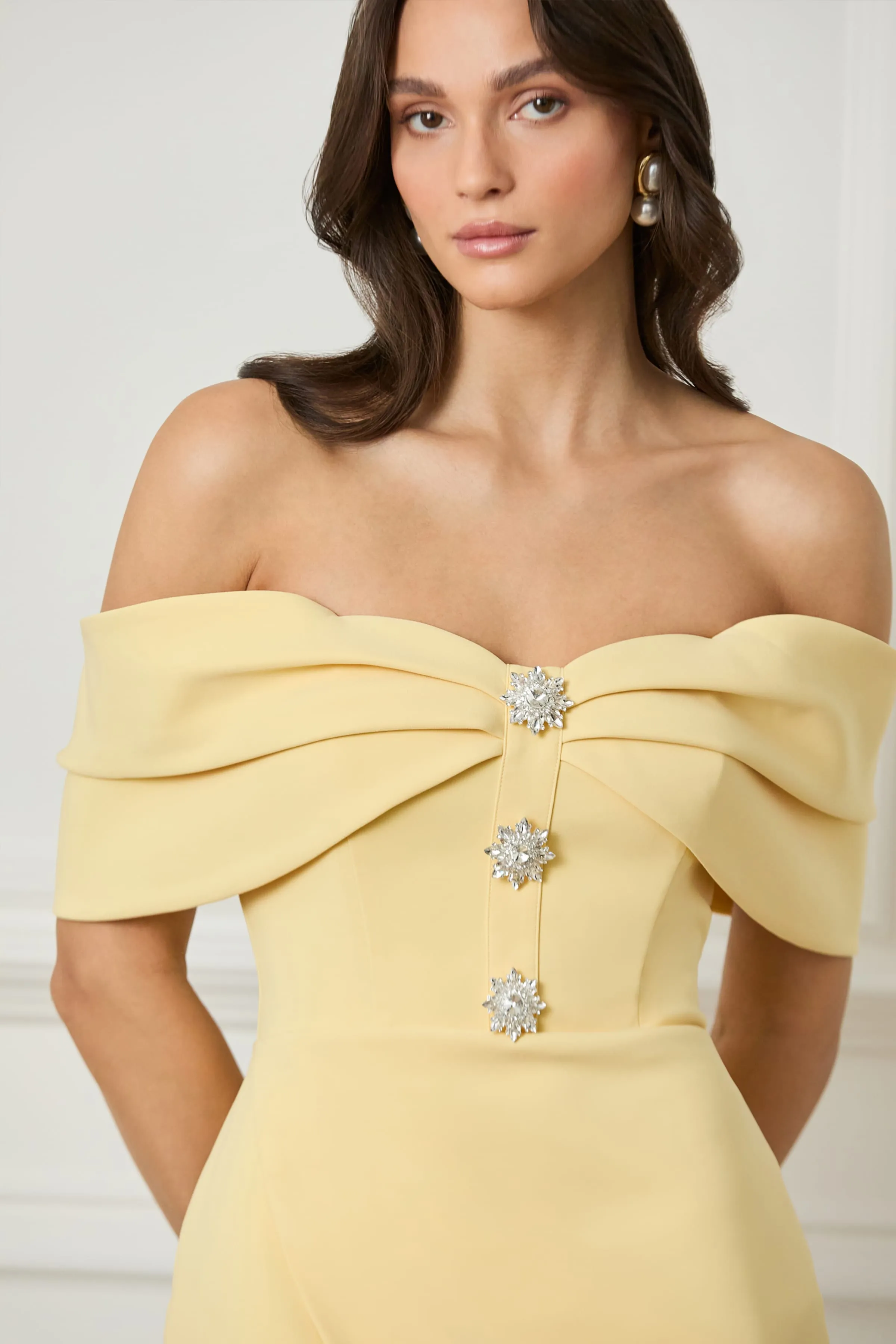 ELYSE Off Shoulder Embellished Wrap Dress in Yellow sold by Lavish Alice product image thumbnail 2