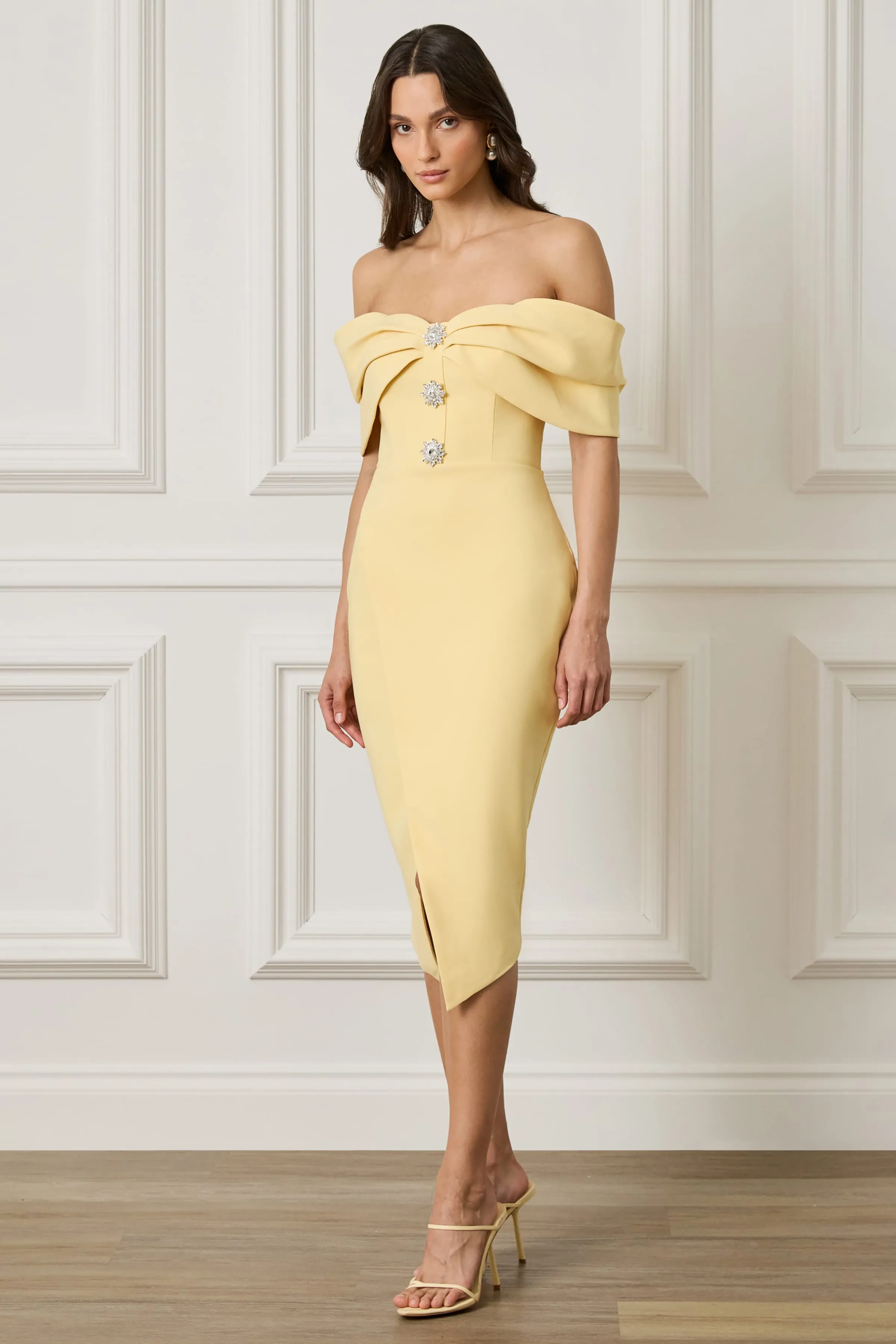 ELYSE Off Shoulder Embellished Wrap Dress in Yellow sold by Lavish Alice product image thumbnail 4