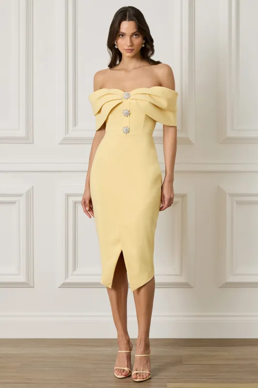 ELYSE Off Shoulder Embellished Wrap Dress in Yellow made by Lavish Alice