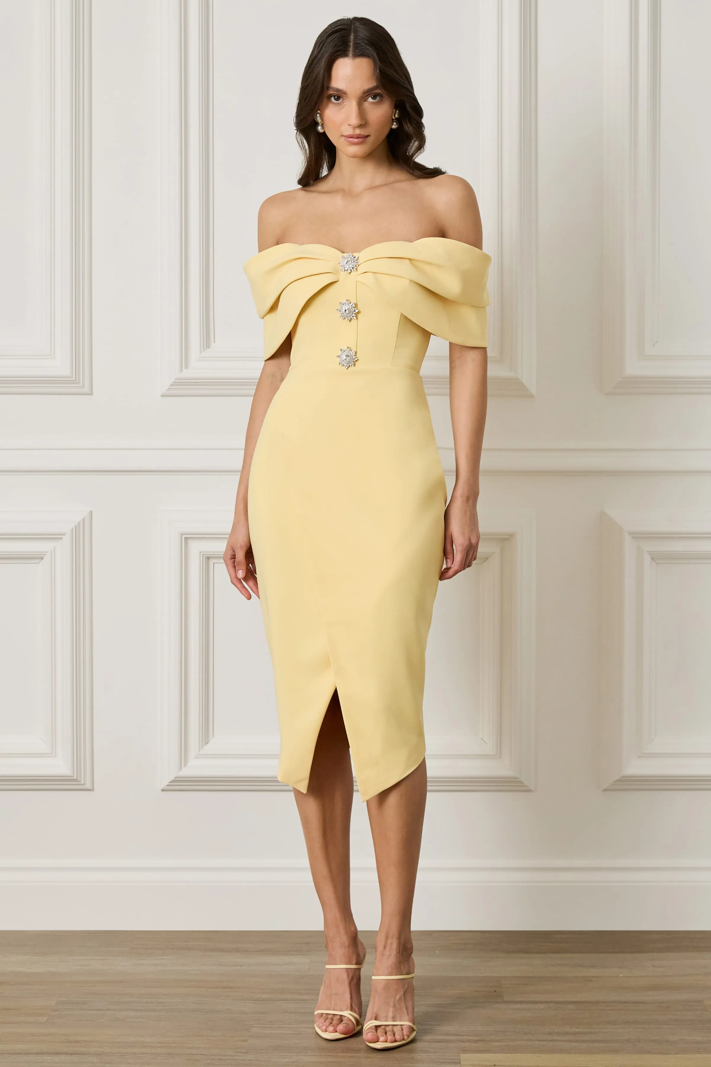 ELYSE Off Shoulder Embellished Wrap Dress in Yellow sold by Lavish Alice