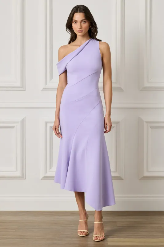 LEANNA One Shoulder Asymmetric Draped Hem Midi Dress In Lilac made by Lavish Alice