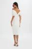 HARLEEN Draped Bardot Bonded Satin Midi Dress In White sold by Lavish Alice