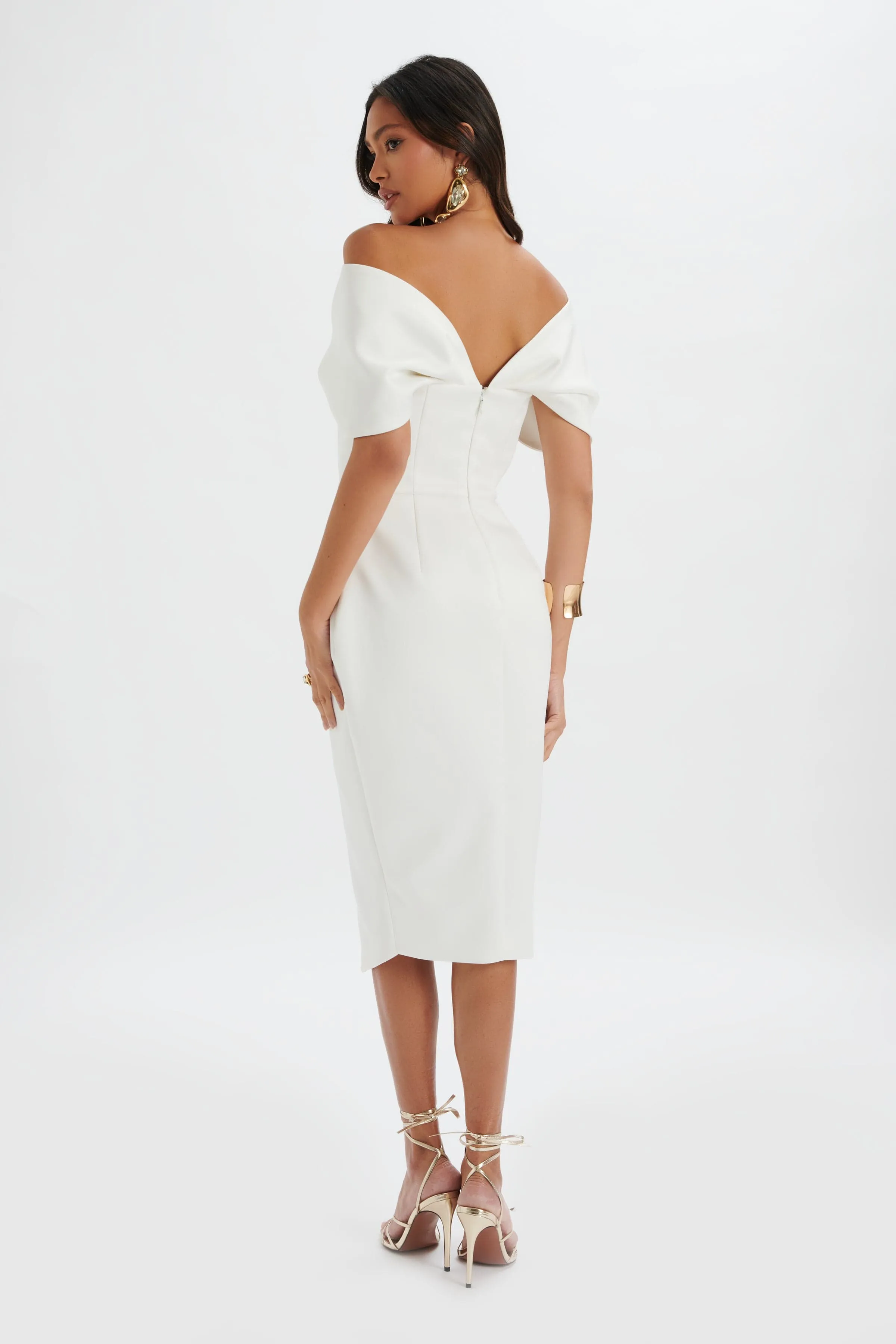 HARLEEN Draped Bardot Bonded Satin Midi Dress In White sold by Lavish Alice product image thumbnail 4