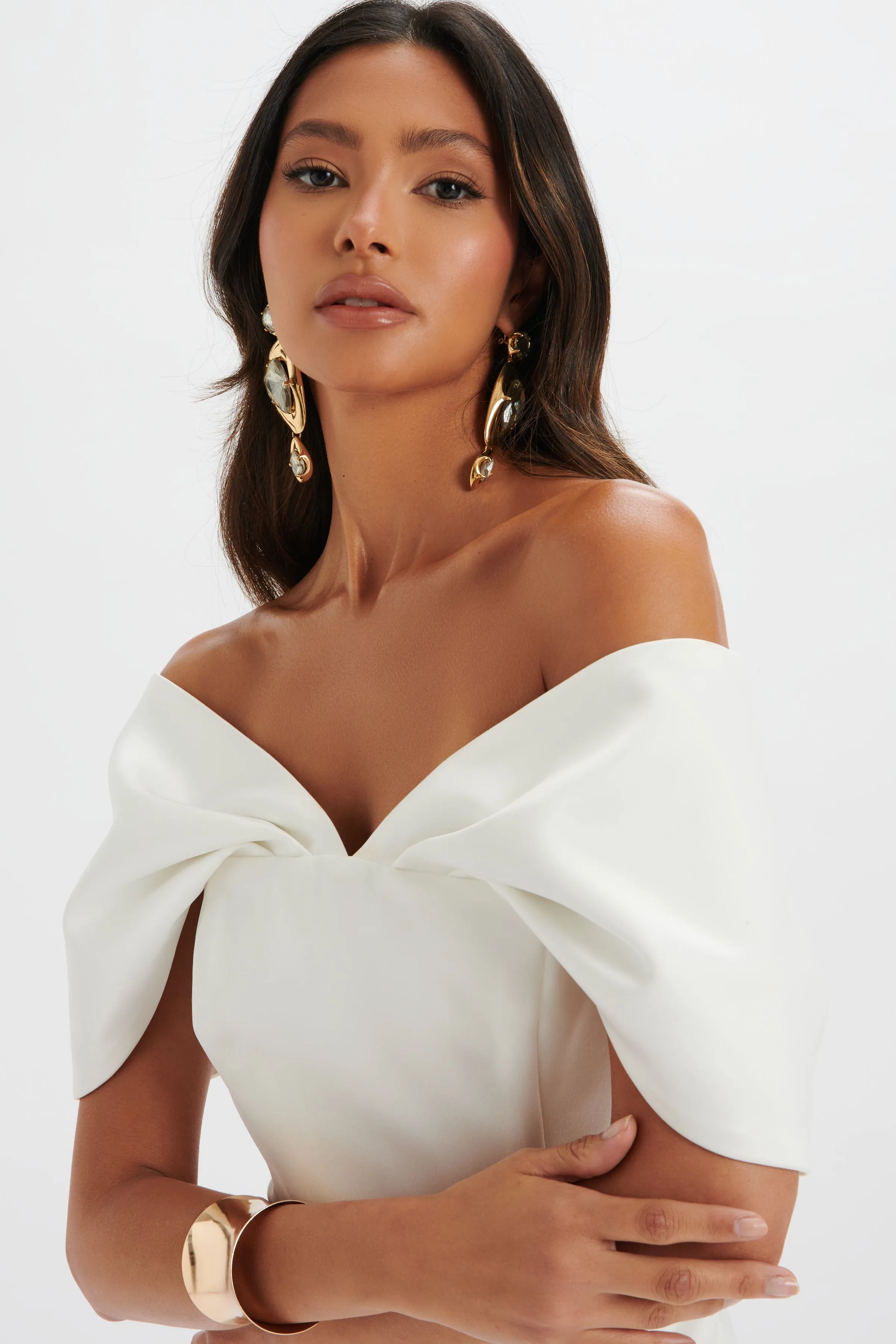 HARLEEN Draped Bardot Bonded Satin Midi Dress In White sold by Lavish Alice product image thumbnail 3