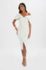 HARLEEN Draped Bardot Bonded Satin Midi Dress In White sold by Lavish Alice