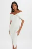HARLEEN Draped Bardot Bonded Satin Midi Dress In White sold by Lavish Alice