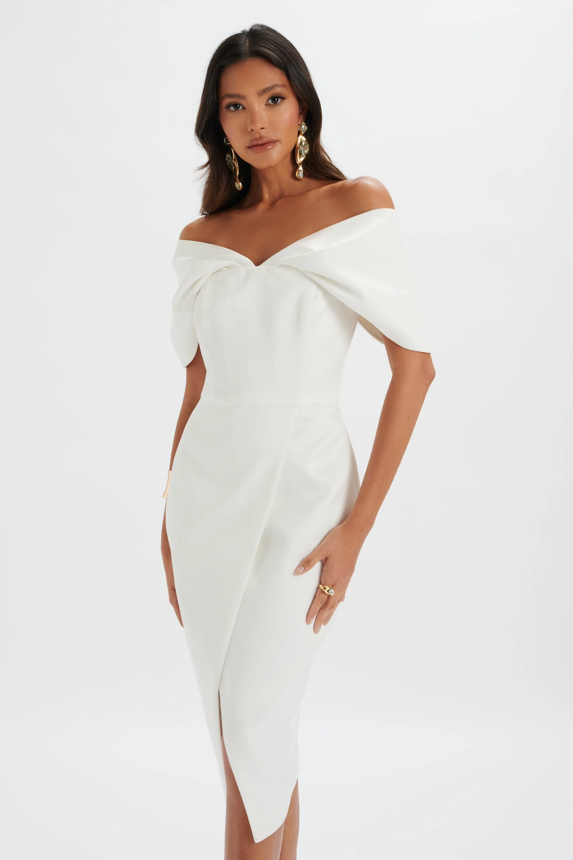 HARLEEN Draped Bardot Bonded Satin Midi Dress In White sold by Lavish Alice product image thumbnail 2