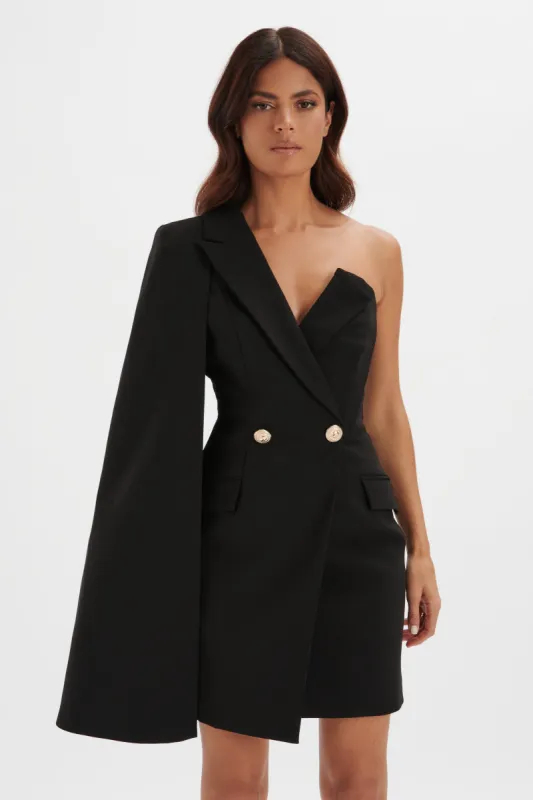 AIRE Boned One Shoulder Cape Blazer Dress in Black sold by Lavish Alice