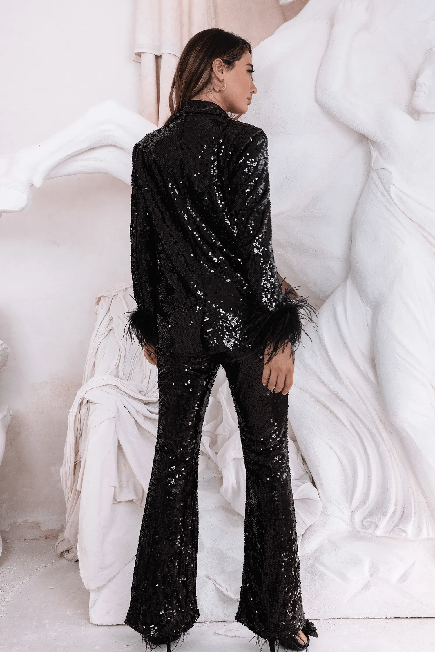 TAMSIN Oversized Sequin Blazer with Feather Cuffs in Black sold by Lavish Alice product image thumbnail 4