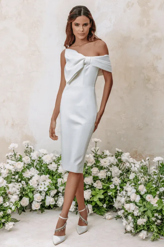 AMORA Ponte Bardot Bow Detail Midi Dress In White sold by Lavish Alice