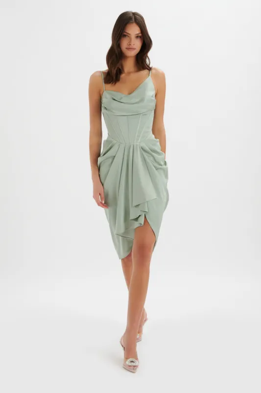 SELAH Asymmetric Cowl Neck Draped Midi Dress In Sage sold by Lavish Alice