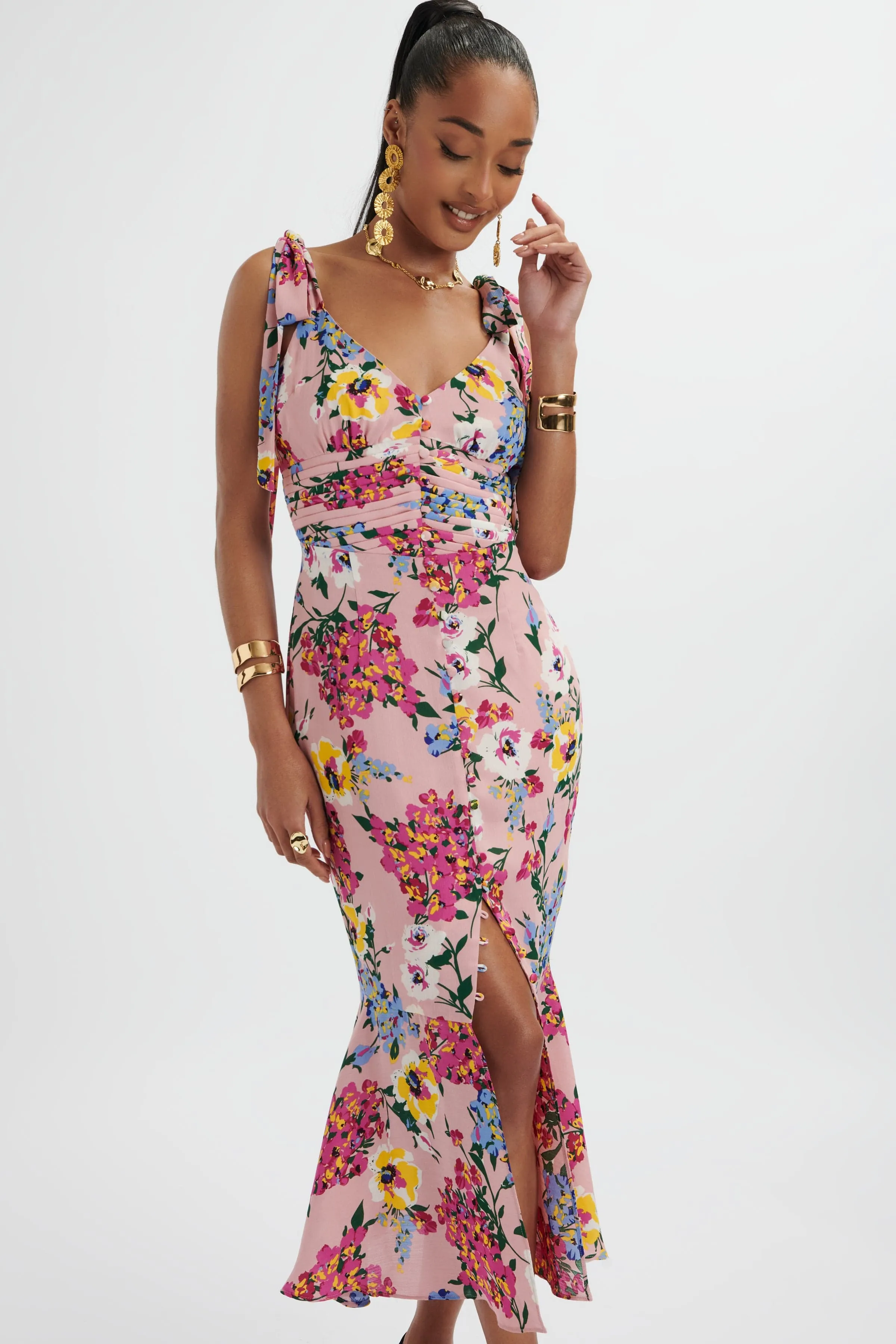 KAMILA Tie Strap Micro Button Longline Midi Dress In Pink Floral Satin sold by Lavish Alice