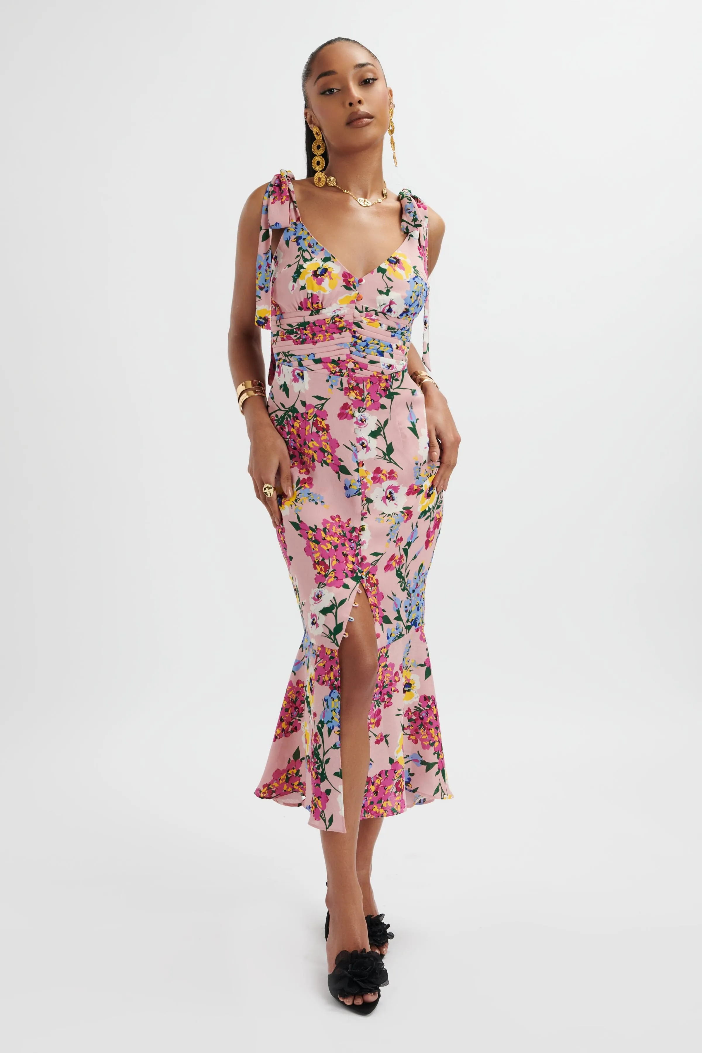 KAMILA Tie Strap Micro Button Longline Midi Dress In Pink Floral Satin sold by Lavish Alice product image thumbnail 2