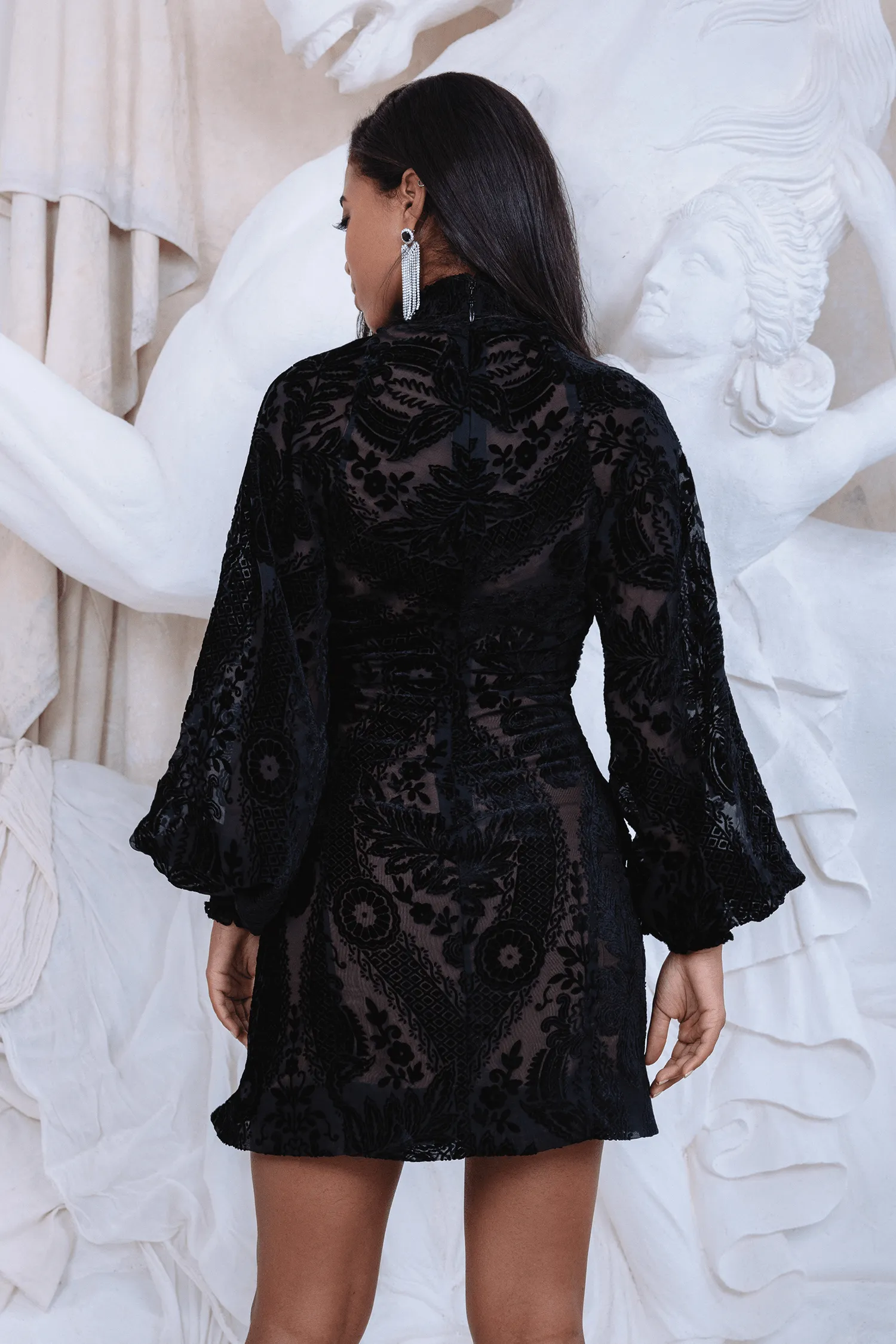 LUCIAN Velvet Devore Balloon Sleeve Mini Dress in Black sold by Lavish Alice product image thumbnail 4