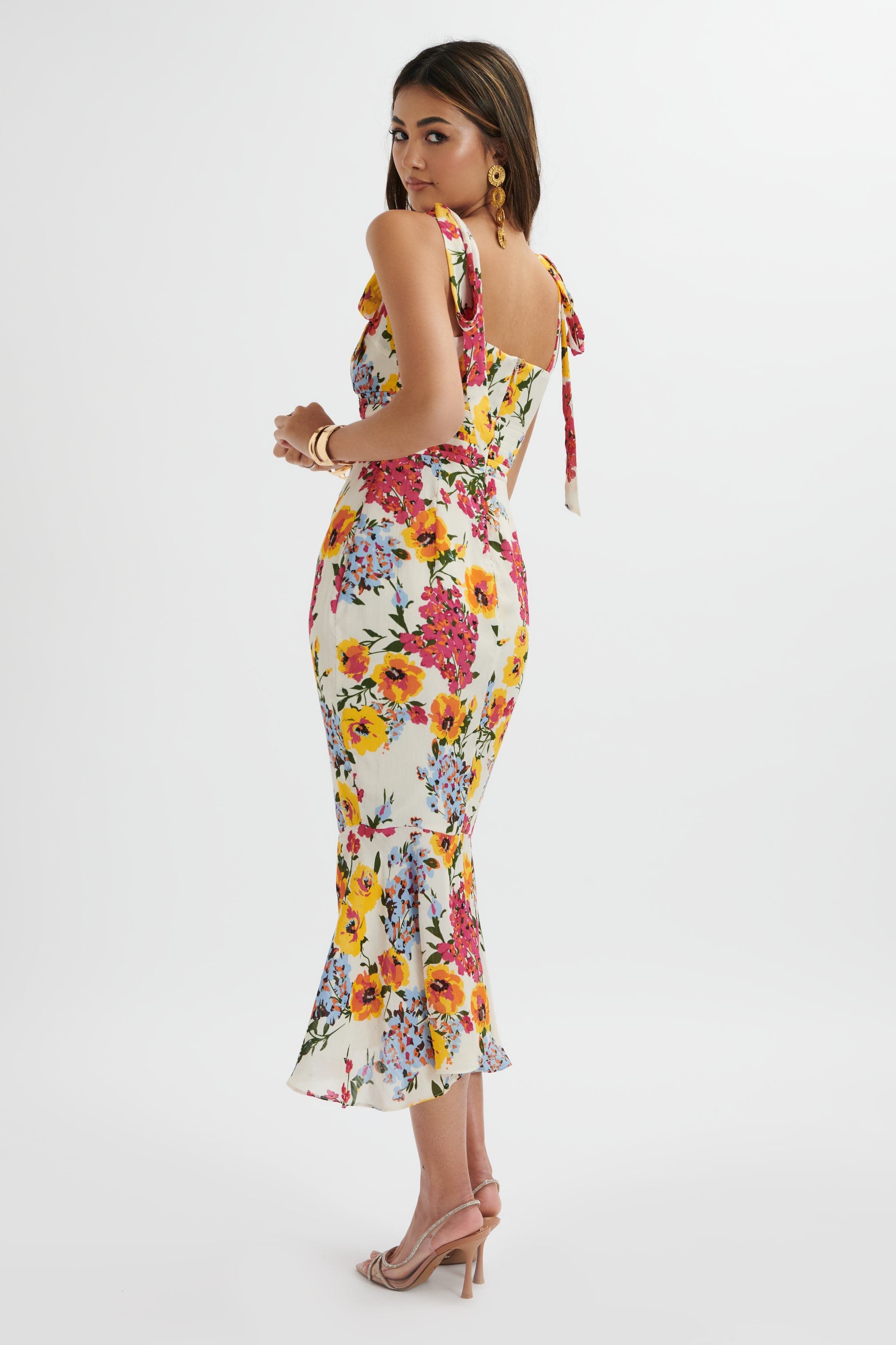 KAMILA Tie Strap Micro Button Longline Midi Dress In White Floral Print Satin sold by Lavish Alice product image thumbnail 4