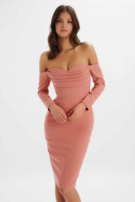 LILA Bardot Draped Bust Bodycon Midi Dress In Rose Pink sold by Lavish Alice
