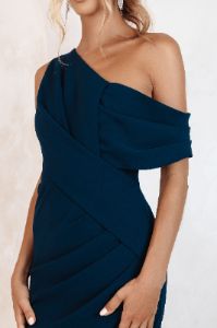 CELINE One Shoulder Pleat Detail Midi Dress In Navy sold by Lavish Alice