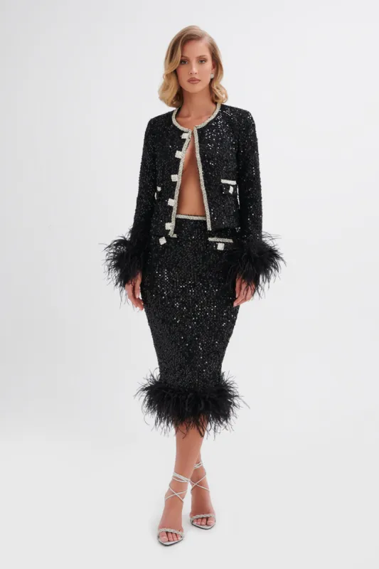 LARIA Sequin Boucle Jacket with Feather Cuffs in Black sold by Lavish Alice
