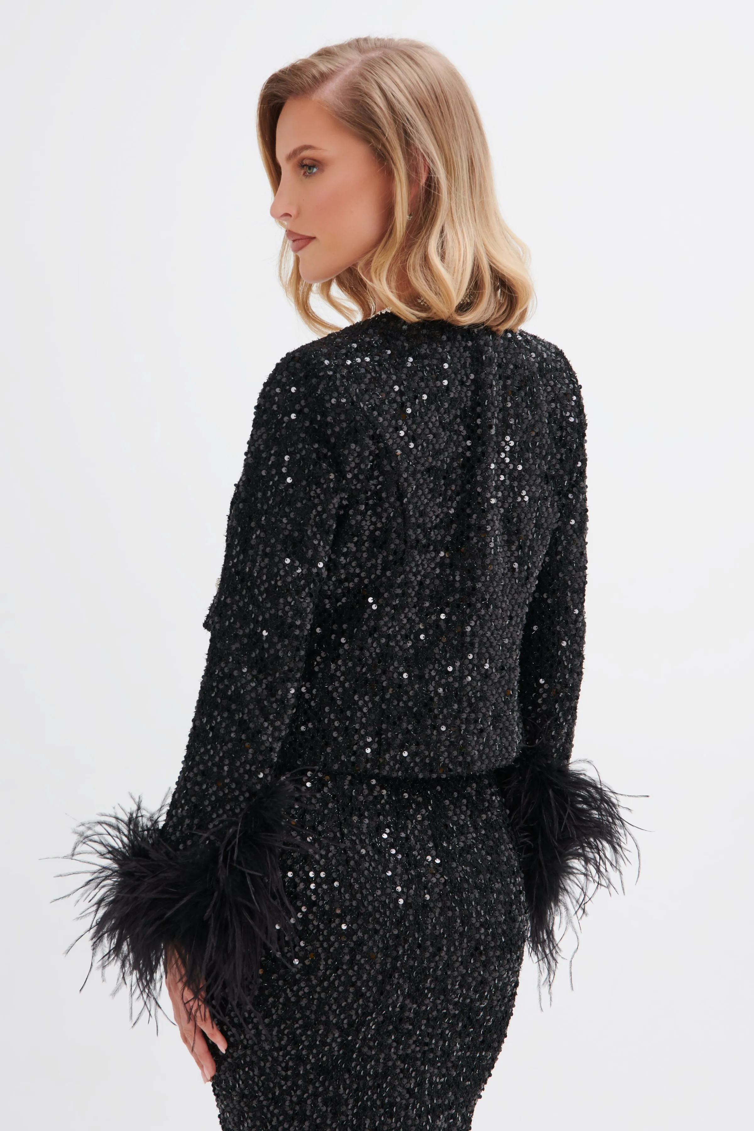 LOLA Sequin Boucle Jacket with Feather Cuffs in Black | Parallel