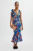 KAMILA Tie Strap Micro Button Longline Midi Dress In Blue Floral Satin sold by Lavish Alice
