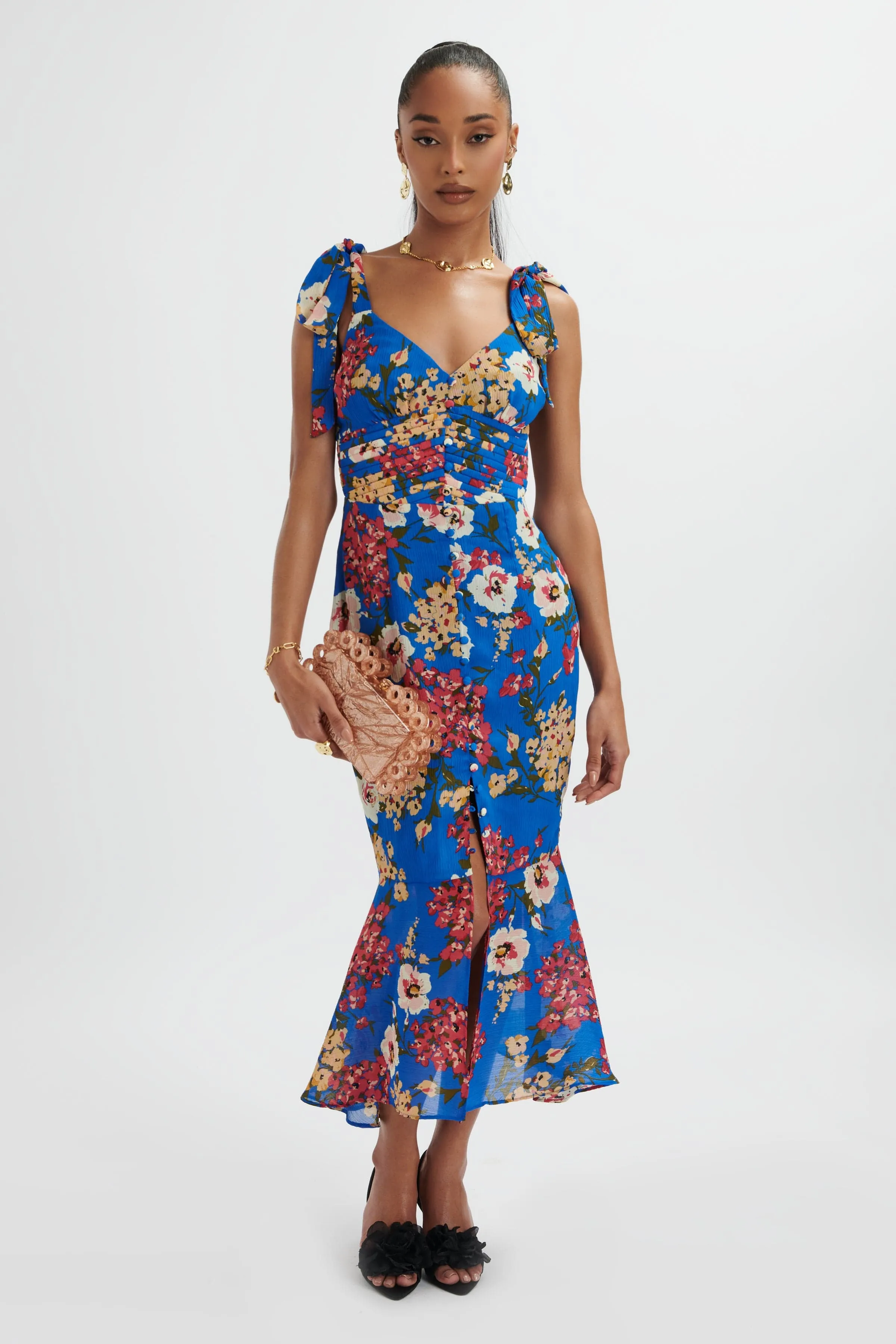 KAMILA Tie Strap Micro Button Longline Midi Dress In Blue Floral Satin sold by Lavish Alice product image thumbnail 5