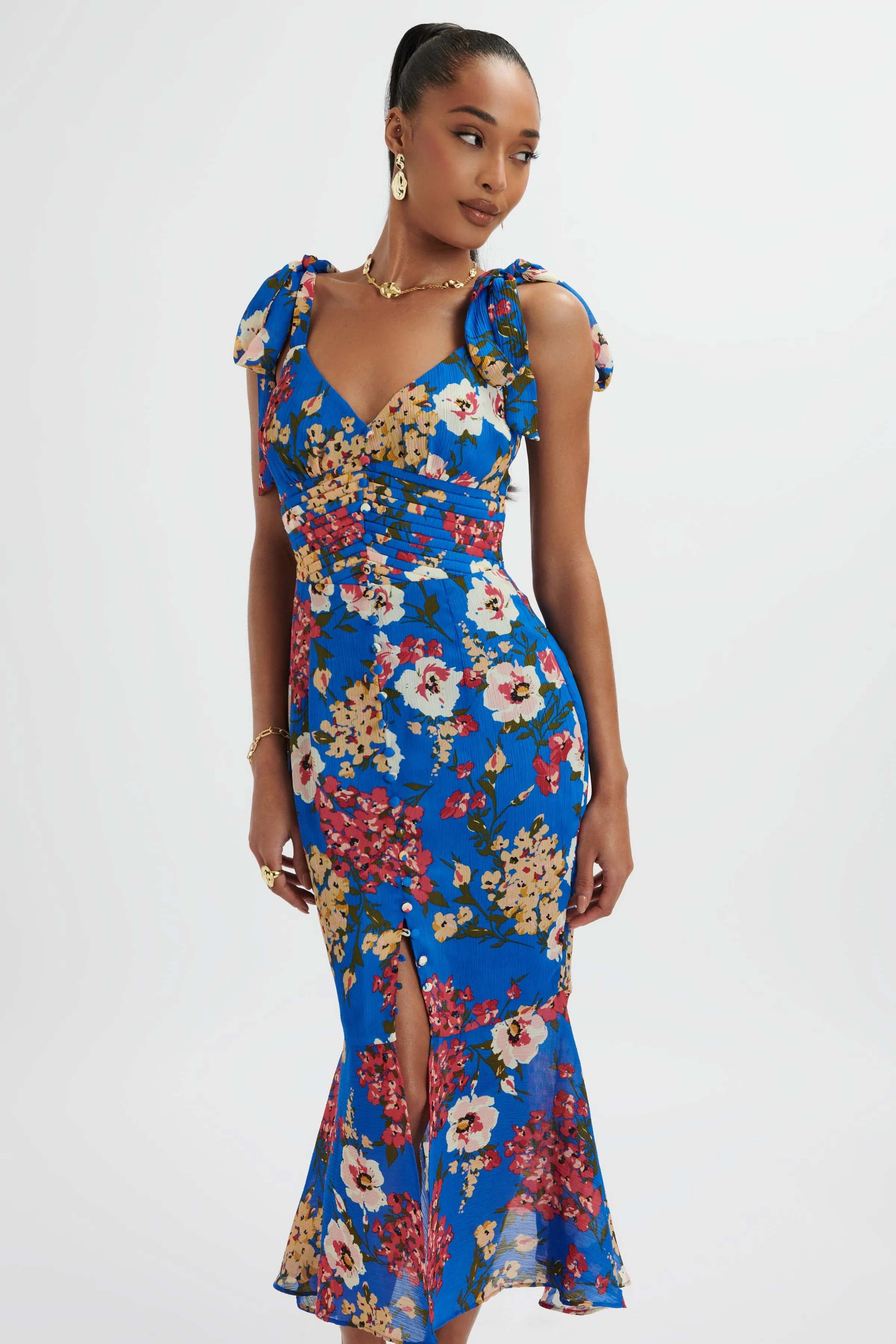 KAMILA Tie Strap Micro Button Longline Midi Dress In Blue Floral Satin sold by Lavish Alice