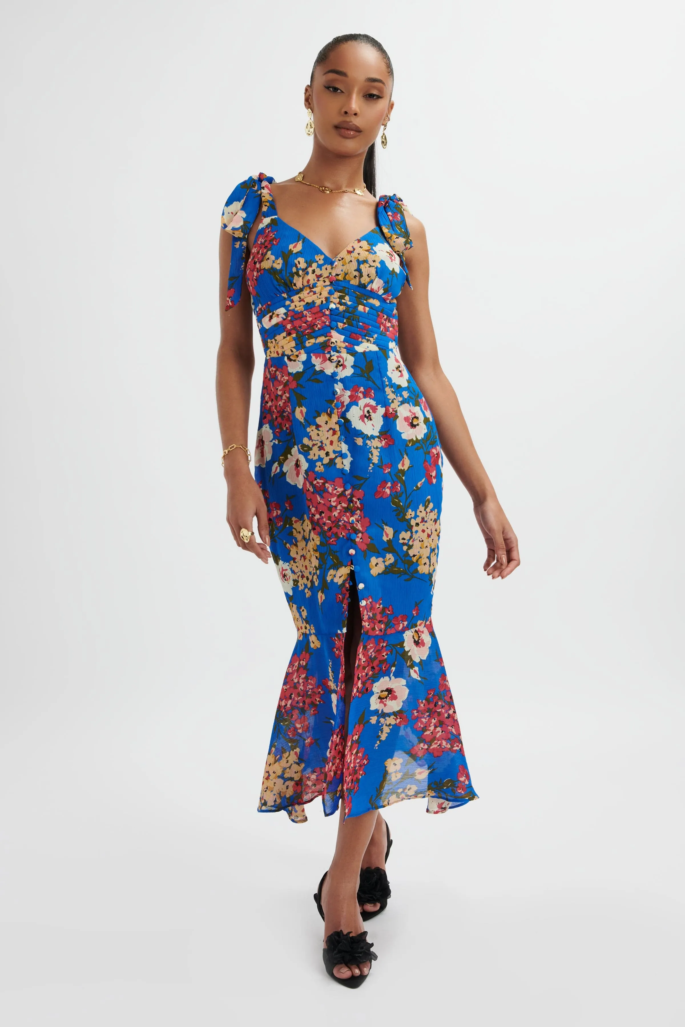 KAMILA Tie Strap Micro Button Longline Midi Dress In Blue Floral Satin sold by Lavish Alice product image thumbnail 3