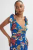 KAMILA Tie Strap Micro Button Longline Midi Dress In Blue Floral Satin sold by Lavish Alice