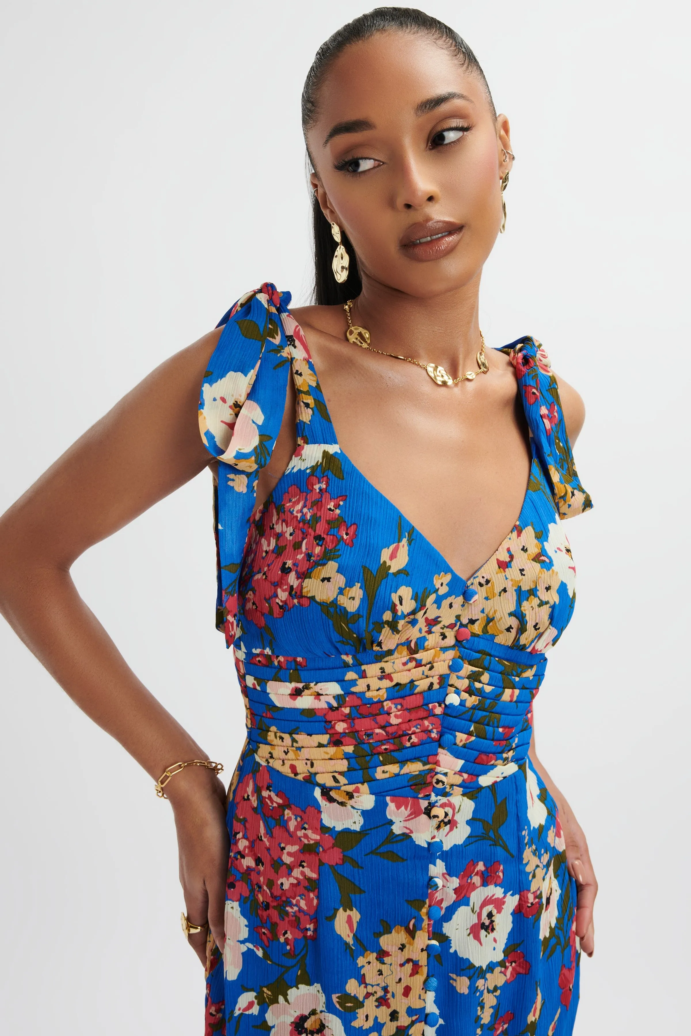 KAMILA Tie Strap Micro Button Longline Midi Dress In Blue Floral Satin sold by Lavish Alice product image thumbnail 4
