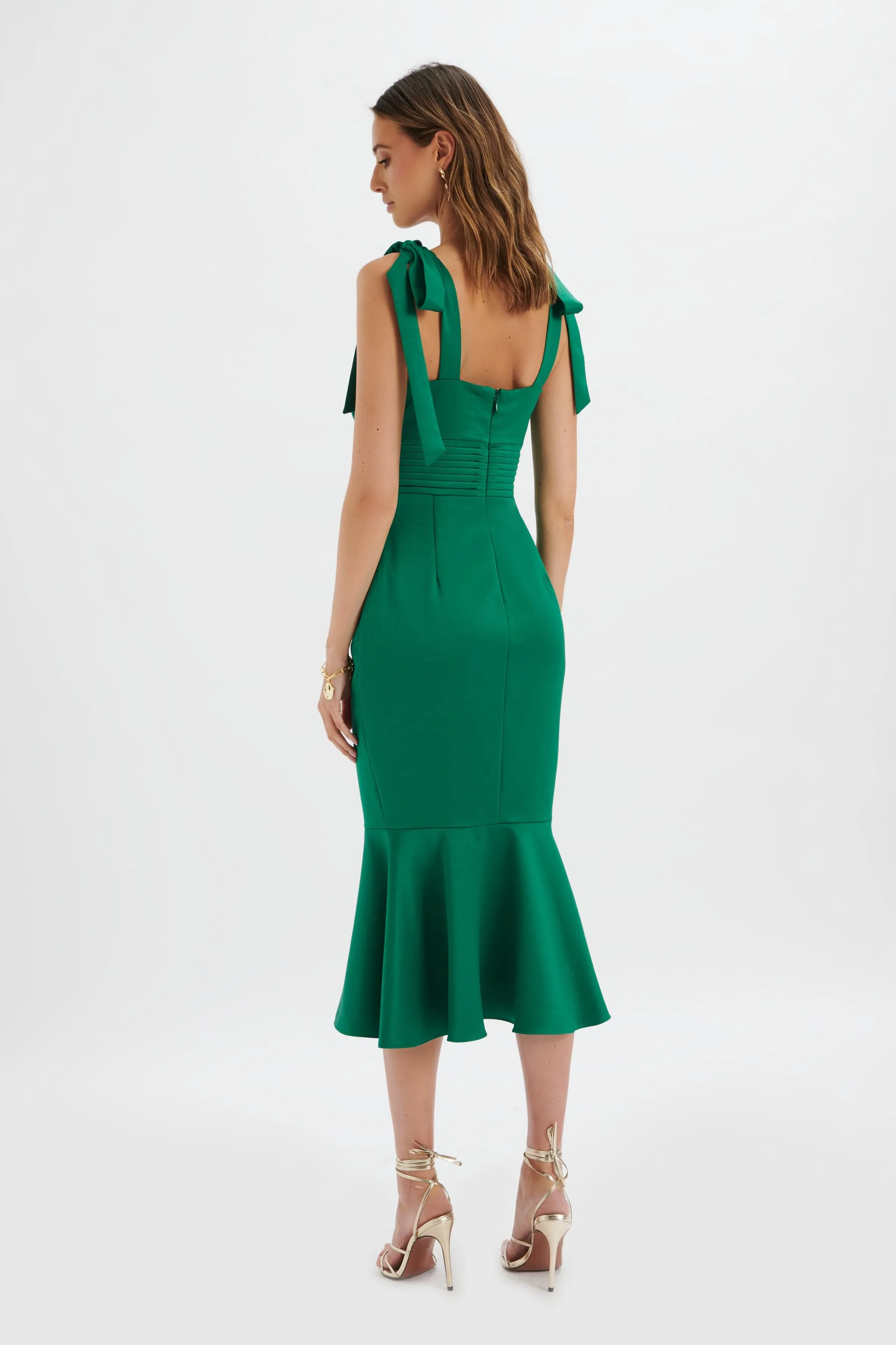 KAMILA Tie Strap Micro Button Satin Midi Dress in Emerald Green sold by Lavish Alice product image thumbnail 4