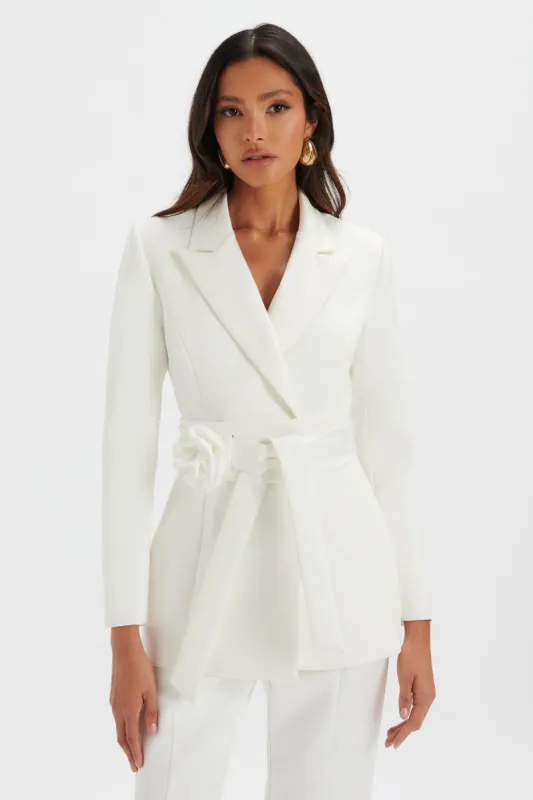 JASMIN Obi Belt Satin Blazer with Flower Detail in White made by Lavish Alice
